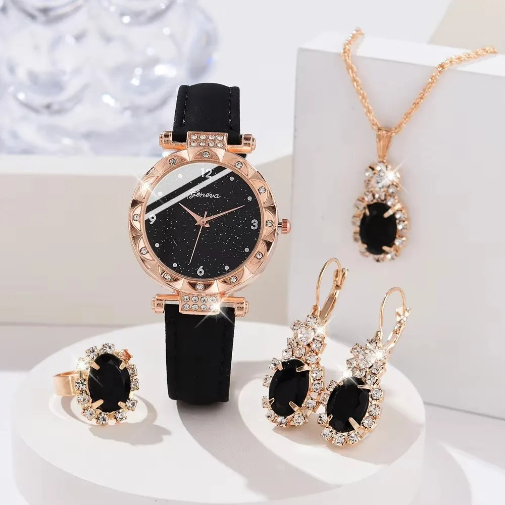 ๐ 5PCS Luxury Women's Watch & Bracelet Set โ Sparkle with Every Moment ๐
Shine with timeless elegance wearing this 5-piece luxury womenโs watch and bracelet set, crafted for those who love a blend of glamour, sophi