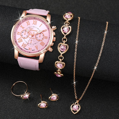 ✨ 5PCS Elegant Women’s Watch & Jewelry Set ✨
Shine with sophistication and femininity with this stunning 5-piece fashion set.
It includes a stylish Geneva quartz watch with a comfortable leather strap, paired with spark