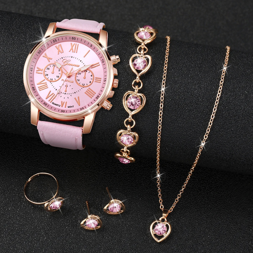 ✨ 5PCS Elegant Women’s Watch & Jewelry Set ✨
Shine with sophistication and femininity with this stunning 5-piece fashion set.
It includes a stylish Geneva quartz watch with a comfortable leather strap, paired with spark