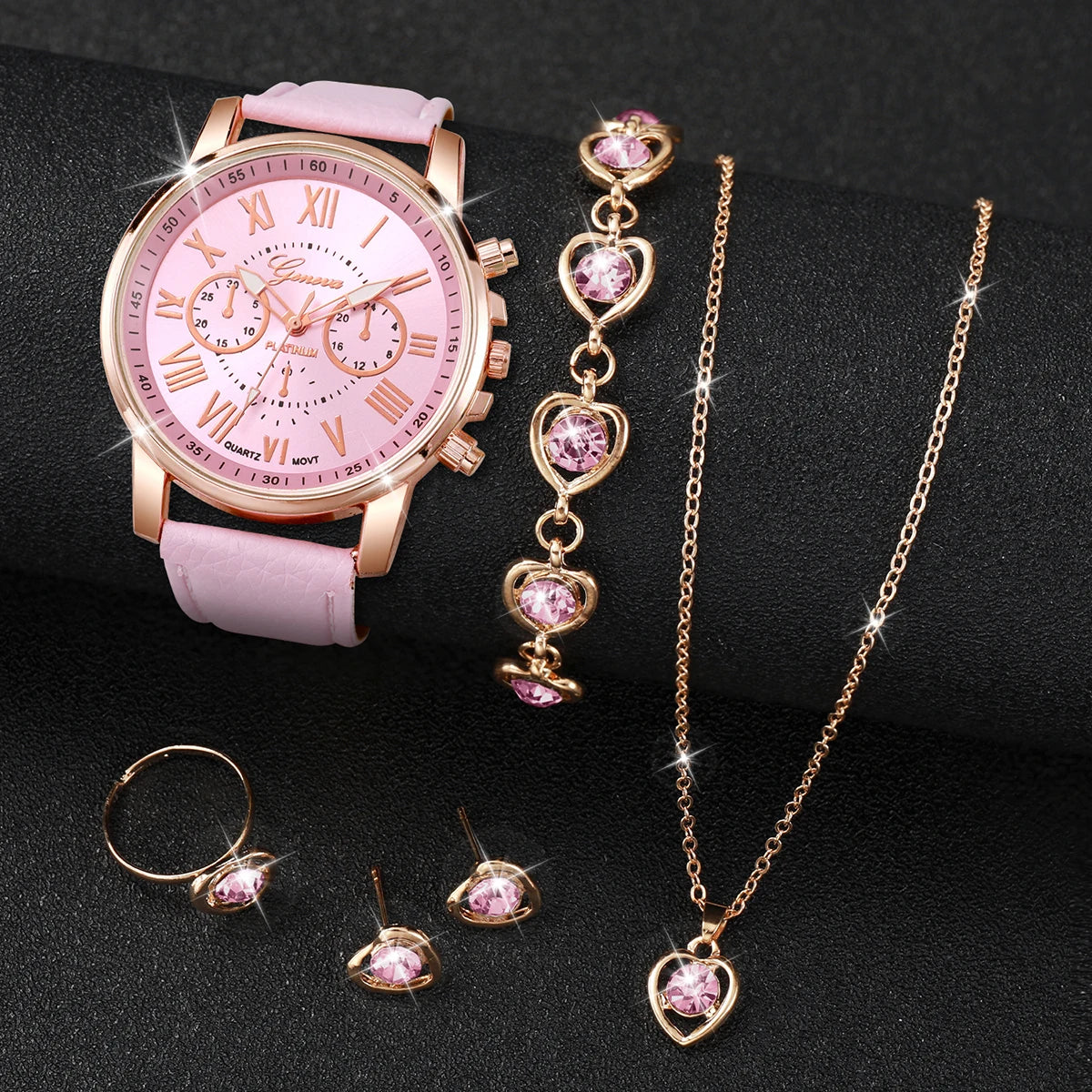 ✨ 5PCS Elegant Women’s Watch & Jewelry Set ✨
Shine with sophistication and femininity with this stunning 5-piece fashion set.
It includes a stylish Geneva quartz watch with a comfortable leather strap, paired with spark