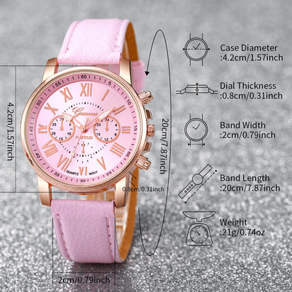 ✨ 5PCS Elegant Women’s Watch & Jewelry Set ✨
Shine with sophistication and femininity with this stunning 5-piece fashion set.
It includes a stylish Geneva quartz watch with a comfortable leather strap, paired with spark