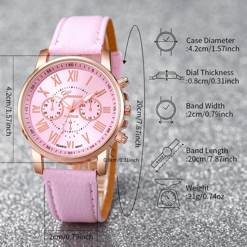 ✨ 5PCS Elegant Women’s Watch & Jewelry Set ✨
Shine with sophistication and femininity with this stunning 5-piece fashion set.
It includes a stylish Geneva quartz watch with a comfortable leather strap, paired with spark