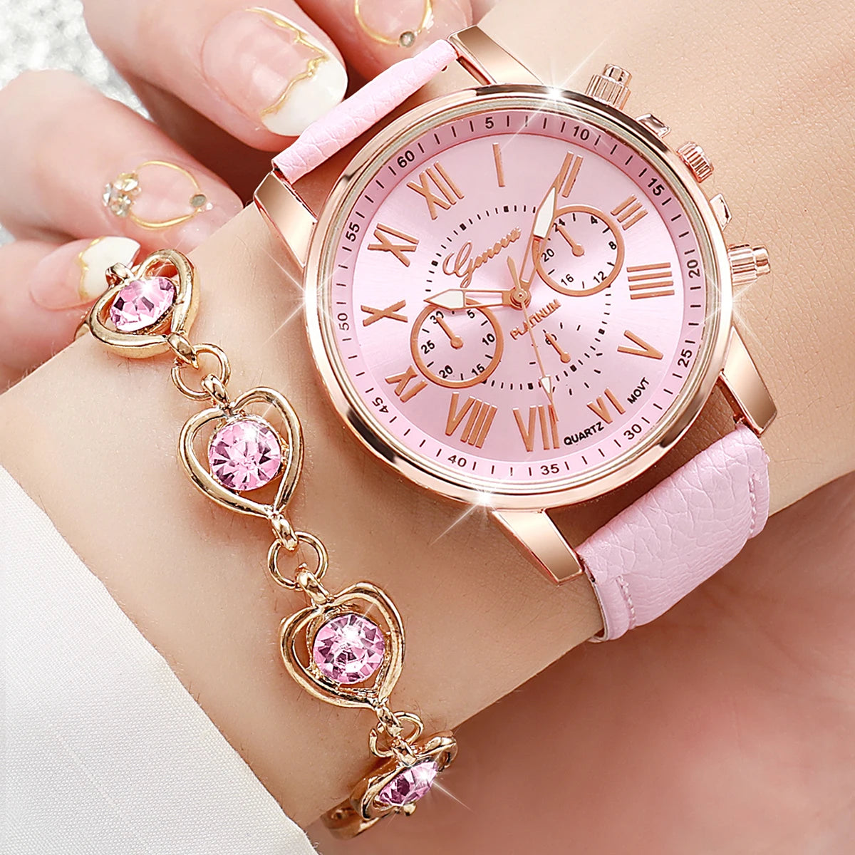✨ 5PCS Elegant Women’s Watch & Jewelry Set ✨
Shine with sophistication and femininity with this stunning 5-piece fashion set.
It includes a stylish Geneva quartz watch with a comfortable leather strap, paired with spark