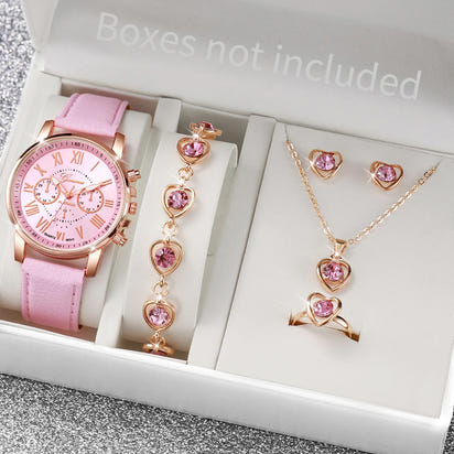 ✨ 5PCS Elegant Women’s Watch & Jewelry Set ✨
Shine with sophistication and femininity with this stunning 5-piece fashion set.
It includes a stylish Geneva quartz watch with a comfortable leather strap, paired with spark