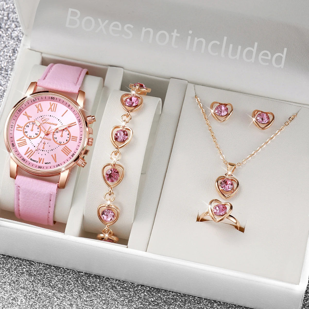 ✨ 5PCS Elegant Women’s Watch & Jewelry Set ✨
Shine with sophistication and femininity with this stunning 5-piece fashion set.
It includes a stylish Geneva quartz watch with a comfortable leather strap, paired with spark